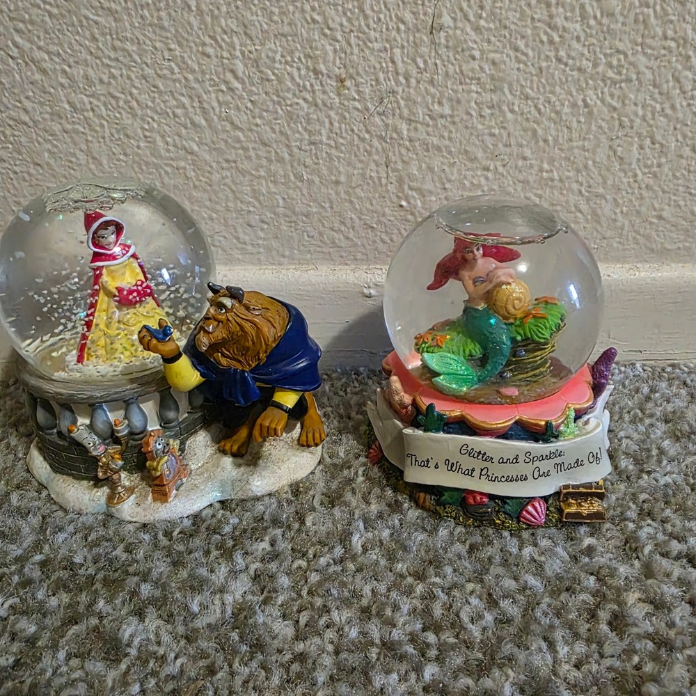 2 Disney Princess Snow Globes Ariel Little Mermaid Beauty and the Beast Westland